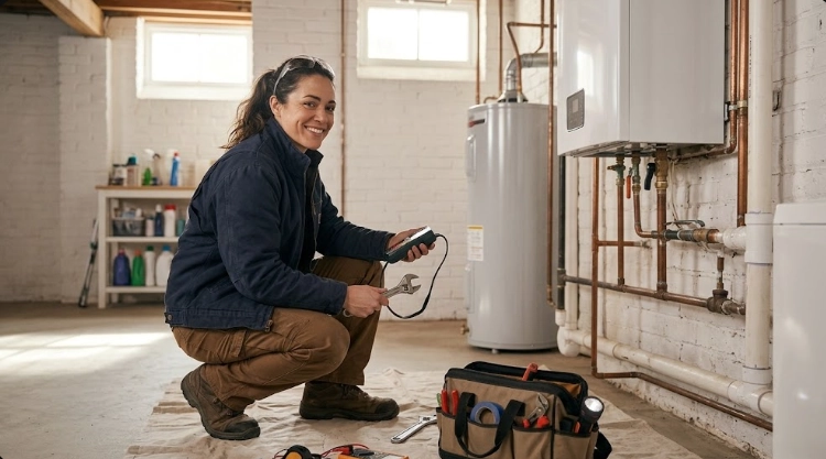 Licensed plumber testing gas piping joints for leaks with electronic combustible gas detector