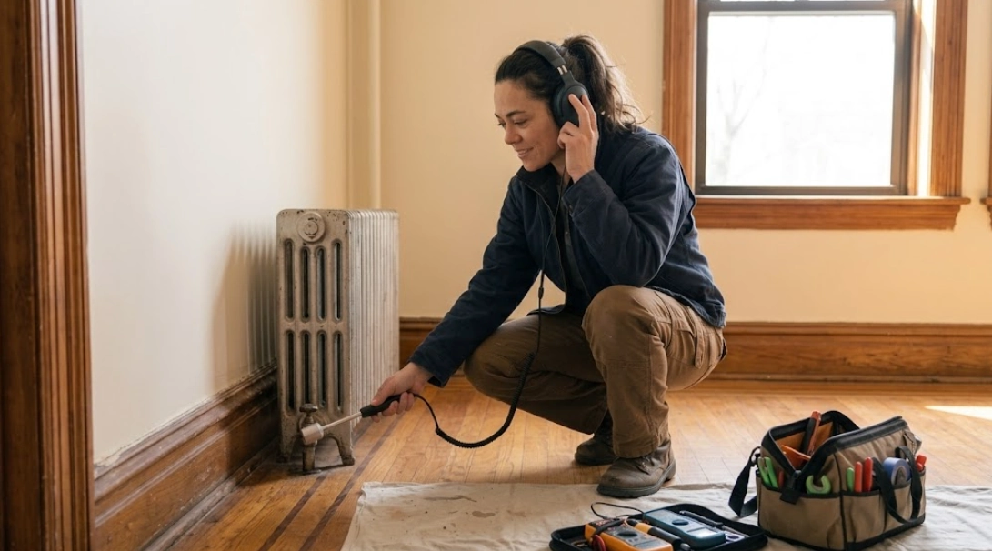Plumber performing non-invasive hidden water leak detection behind interior wall