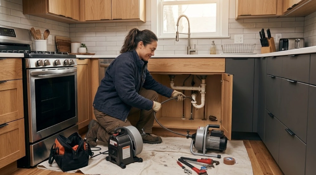 Plumber clearing stubborn kitchen sink drain blockage using motorized mechanical snaking equipment