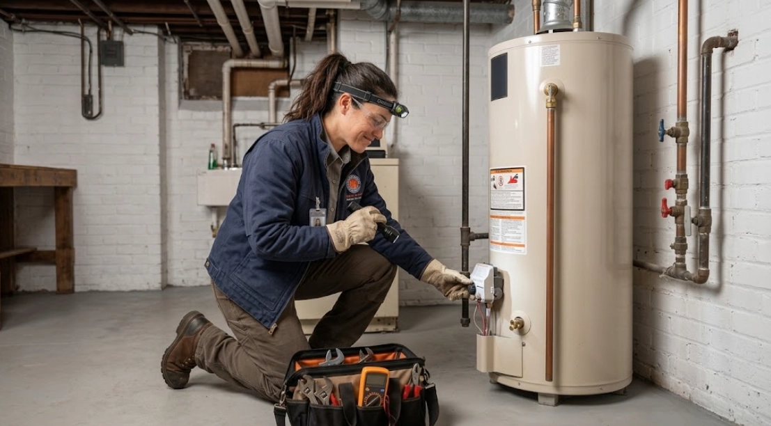 Licensed plumbing technician troubleshooting residential water heater repair service